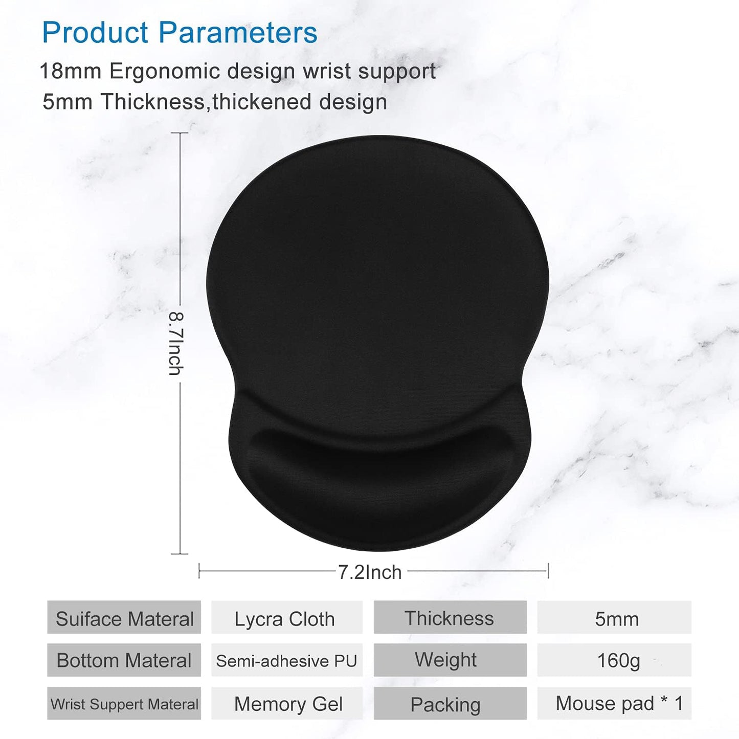 Mouse Pad, Ergonomic Mouse Pad with Gel Wrist Rest Support, Gaming Mouse Pad with Lycra Cloth, Non-Slip PU Base for Computer, Laptop, PC, Home, Office & Travel, Black